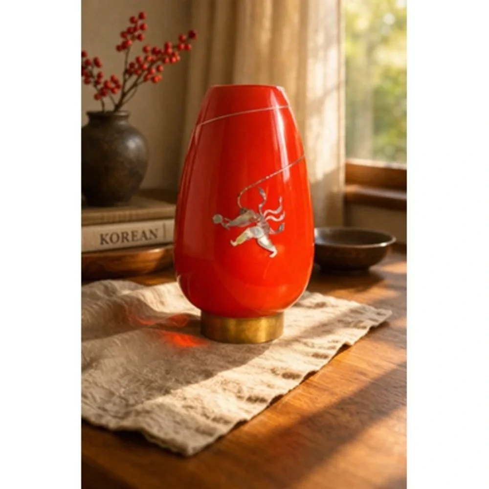 Vintage 1978 Korean Red Lacquerware Vase Asian Decor Gold Figure Brass Footed